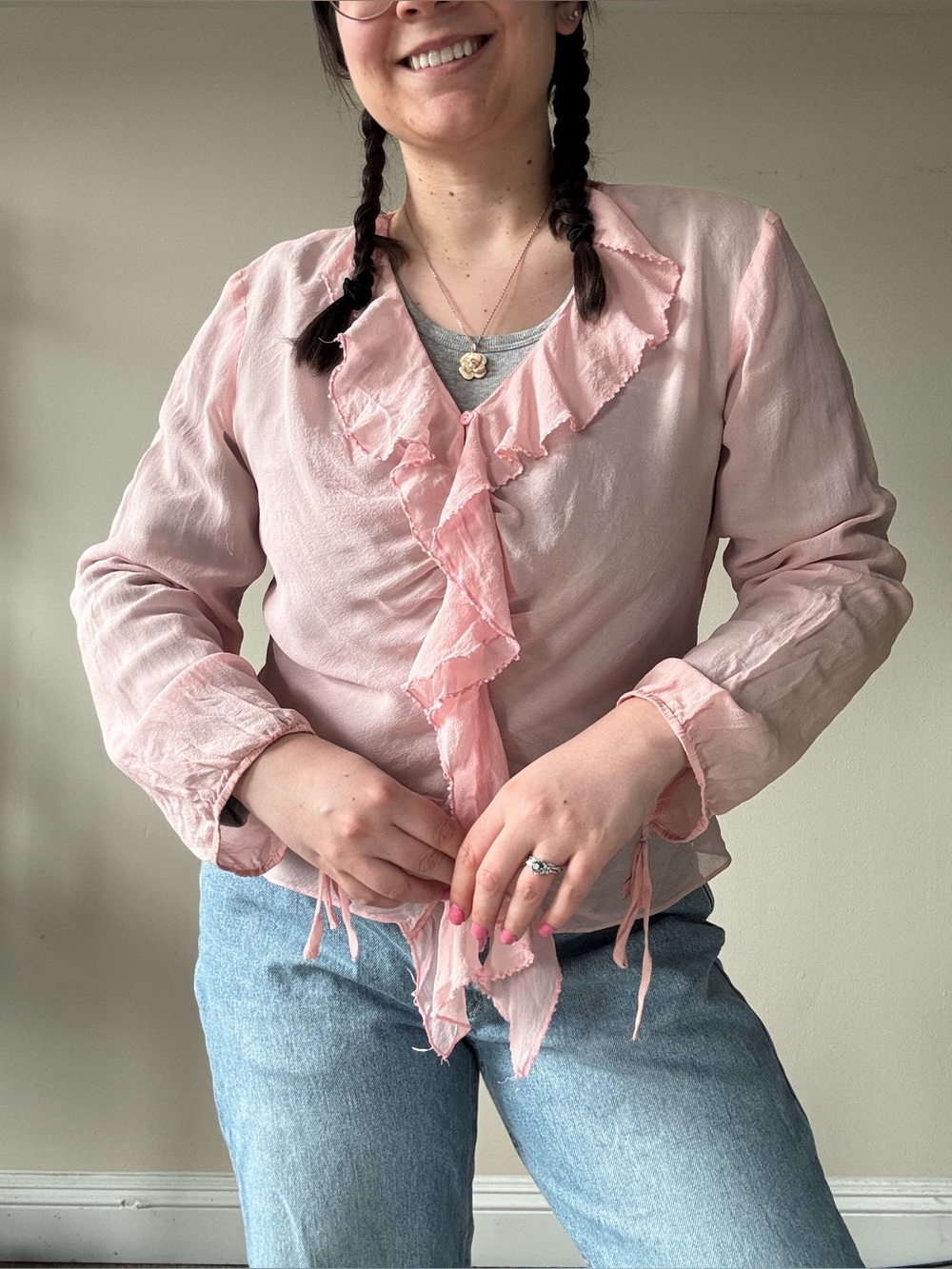 Worthington Pale Pink Ruffle Tie-Front Blouse